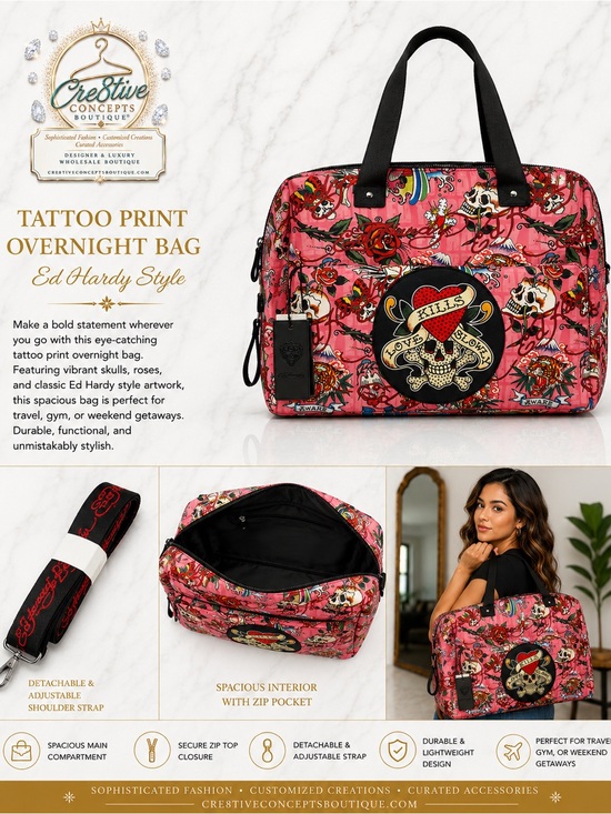 Ed Hardy Handbags - Ed Hardy Limited Edition Pink Tattoo Print Duffel Travel Weekender Bag